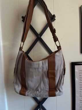 Canvas and Brown Stripe Shoulder Bag